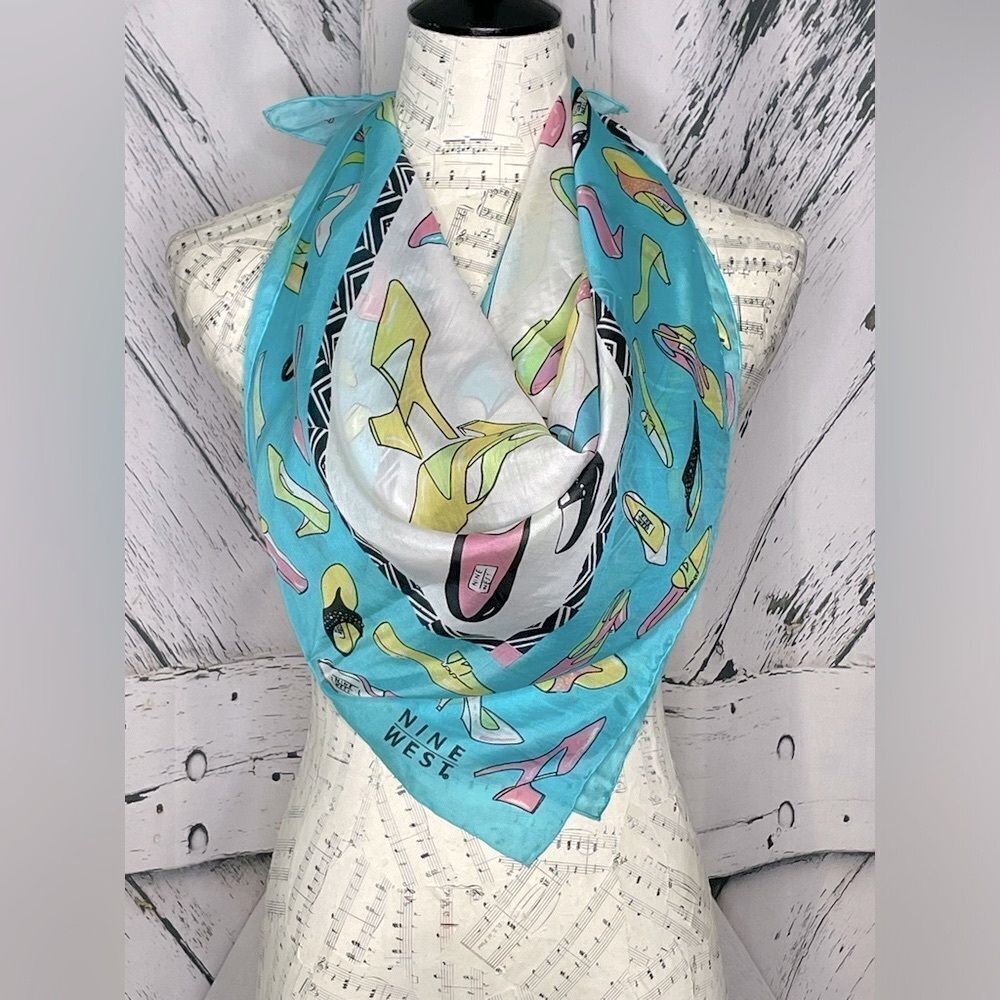 Vintage Nine West Silk Scarf w/Shoes Hand Rolled Hem 32" X 32”